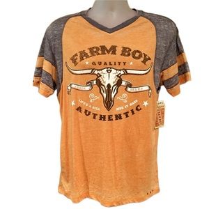 Men’s Farmboy Brand "Life's a Bull" Orange & Brown Burnout Tee Large